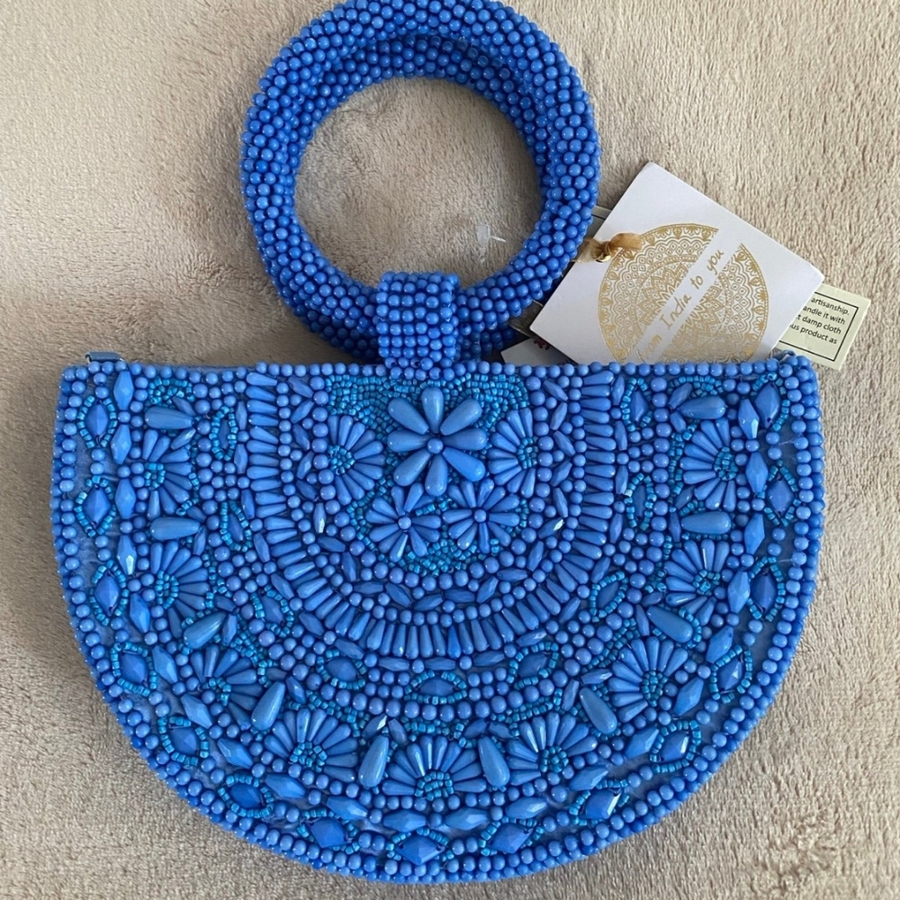 Blue Beaded Half Moon Teacup Crossbody Handbag Made in India NWT